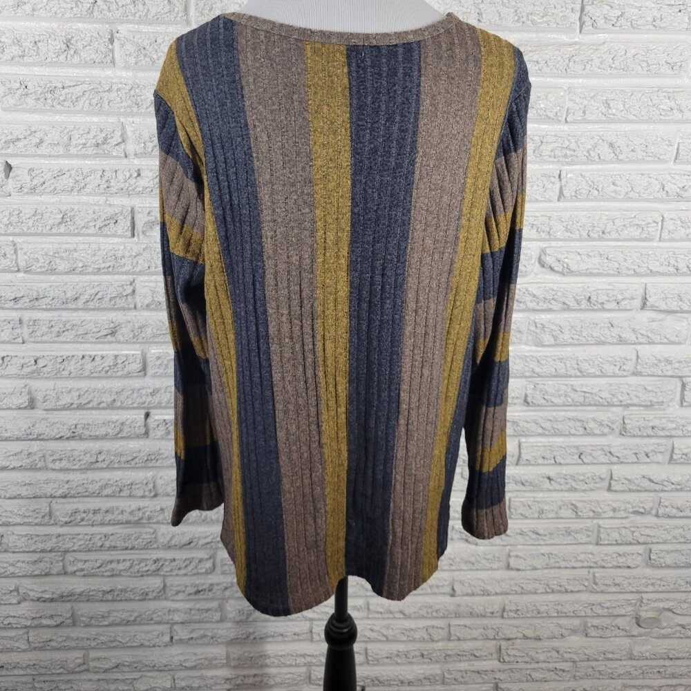 One World Live Let Live XL Blue Gold Striped Knit Pullover Sweater Knot SWE46E - Picture 6 of 9